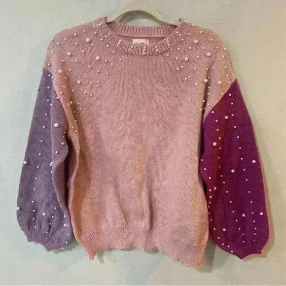 NWT BiBi Pink Pearl Embellished Chunky Knit Crewneck Oversized Sweater Small - Picture 2 of 5